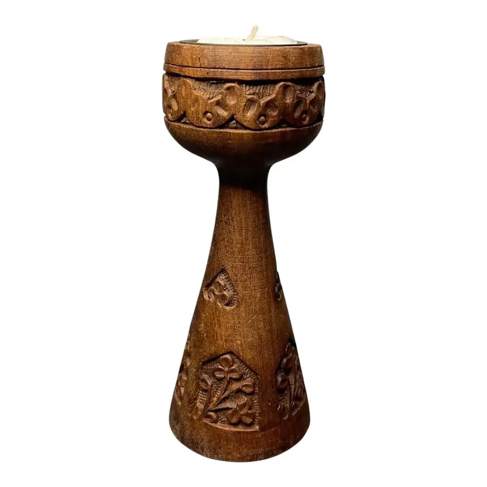 Hand-Carved Wooden Tea Light Candle Holder Floral Design Signed Made in India - Picture 3 of 9